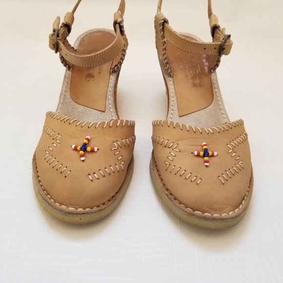 Vintage 70s 80s Womens 6.5 Nine 9 West Native American Inspired Leather Wedge - Picture 2 of 12
